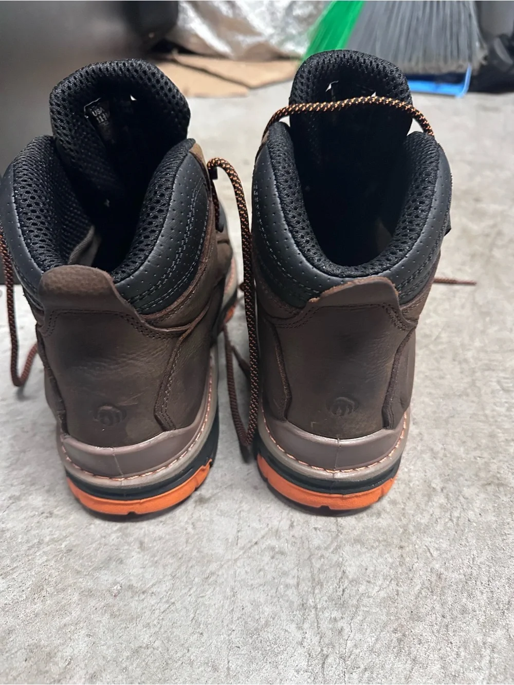 Wolverine Black and Brown Steel toe Work Boots with Orange Accents